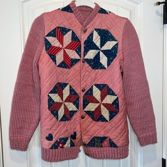 Handmade vintage sweater quilted front folksy boho hippie artsy patchwork M/L - Picture 2 of 14